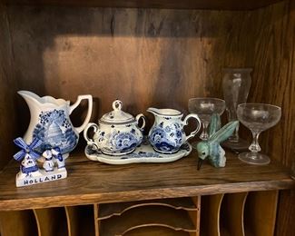 Assorted Vintage & Antique Blue & White Dinnerware pieces and glass stems; hummingbird figurine