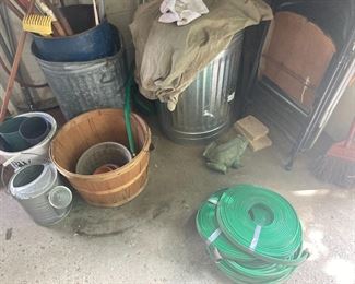 Assorted Garage & Yard Tools & Accessories:  Hoses; Folding Chairs; Garbage Cans; Apple Basket; Aluminum Sprinker Can, etc.