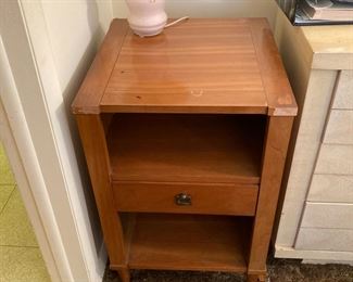 Side Table or Night Stand with Center Drawer (needs love); Pink Satin Glass Lamp