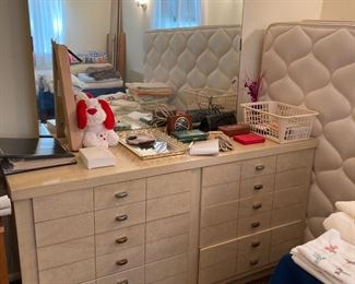 Mid-Century Modern Blonde 6-Drawer Long Dresser with Unframed Mirror; Umbrella; Playing Cards; Stuffed Animals, Mirrored Vanity Tray and much more