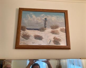 Framed Lighthouse and Dune Painting