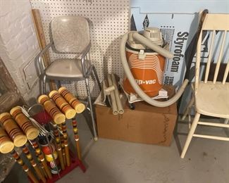 Croquet Set; Vintage Child's Baby High Chair; Shop Vac; Painted White Chair; Sheets of Styrofoam