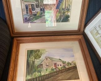 Pair of Americana-style Watercolors.  One is signed the other is not.  Nice Oak frames.