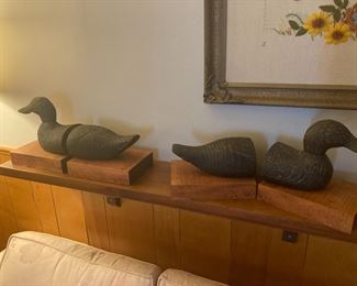 Pair of Hand Carved Wood Duck Decoys Mounted on a Wood Base for use as Bookends