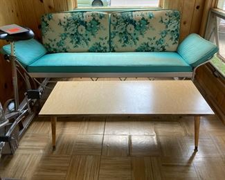 Great Aluminum Mid Century Modern Glider with Cushions; Retro Blonde Laminate Coffee Table