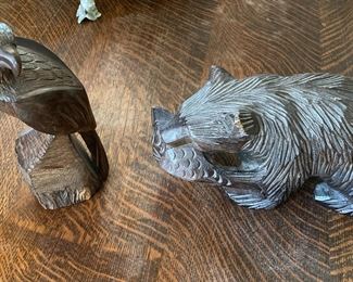 Hand Carved Wood Figurine; Hand Carved Wood Bear with Fish in Mouth