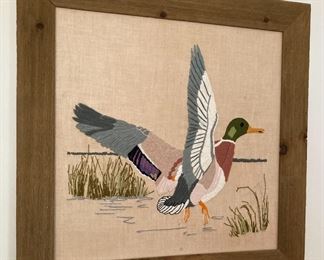 Framed Hand Stitched Crewel Duck on Linen