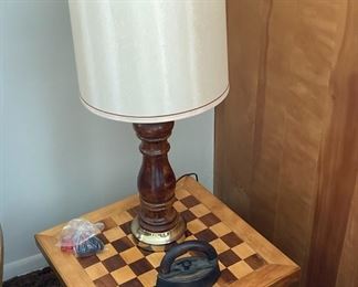 Vintage Wood Post Lamp; Antique Wrought Iron; Checkerboard / Chessboard Side Table w/Bag of Chips