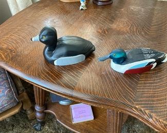 Hand Carved Wood & Hand Painted Water Birds Some with Glass Eyes, Some are Signed; Beautiful Tiger Oak Parlor Table with Lower Shelf and Glass Ball & Claw Feet