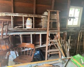 Large Assortment of Ladders; Hand Tools; Scrap Wood and Scrap Metal; Set of Maple Dining Chairs that Need Love... and much more!