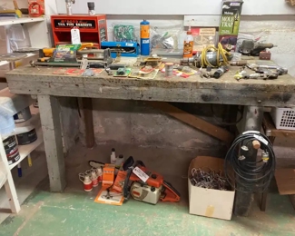 Vintage Work Room Table; Assorted Tools, DIY Supplies, Hand Tools, Electric Hand Tools, Scrap and much more...