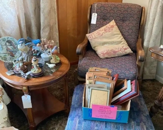 Round Wood & Glass Top Side Table; Frames; Collection of Birds (i.e., ceramic, porcelain, metal, china); Casual Chair; Footstool, and more!