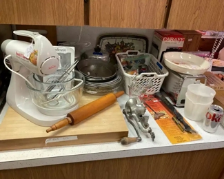 Vintage Sunbeam Mixer; Bakeware Pans; Grander; Rolling Pin, Cutting Board, Misc. Kitchen Supplies, and much more.
