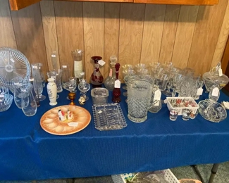 Assortment of Vintage Glass including Stems; Compotes; Shot Glasses; Chimnies, Serving Plates; and more!