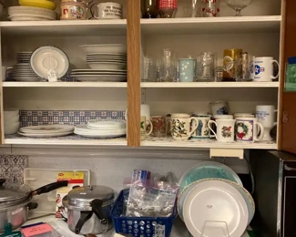 Vintage Glasses, Coffee Mugs, Melmac, Utensils, Kitchen Supplies;Corning Ware, Soup Bowls and a Set of Dinnerware.