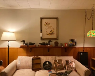 Pole Lamp; Framed Crewel Motto; Two Hand Carved Wood Ducks (for use as bookends); Souvenir Spoon Rack; Midcentury Modern Copper Ducks; Hanging Lamp; Ethan Allen Silk Upholstered Sofa.