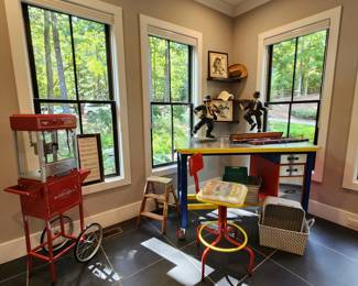Vintage Drafting Table, Stool and Popcorn Machine