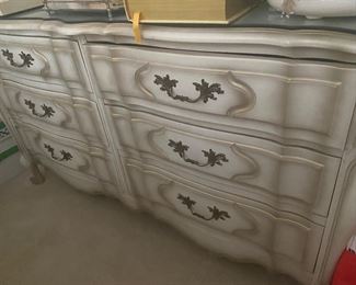 French Provencial full size bedroom suite with dresser, bed, side table