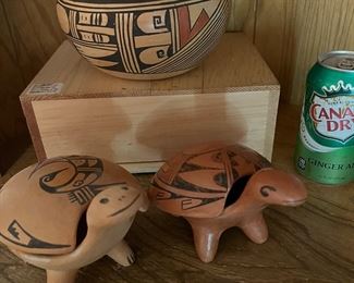 Hopi polychrome turtles and large size bowl. One turtle is signed BW. 