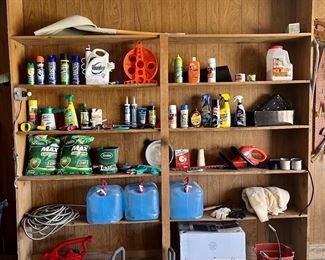 Garden supplies, tools and patio table and chairs. 