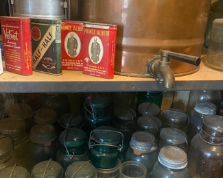 Vintage Ball Jars
Prince Albert Tobacco Cans
Antique Copper Pot w/ Spicket