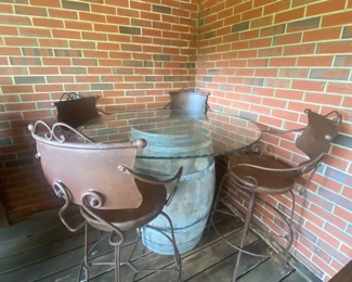 Rustic Whiskey Barrel Table w/ Glass Top and Stools
(We have 3 of these!)