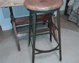 Antique Wooden Drafting Table & Cast Iron Stool
