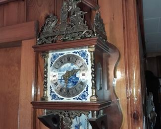 Antique Hanging Clock W/ Blue Delft Tiles & Weights
