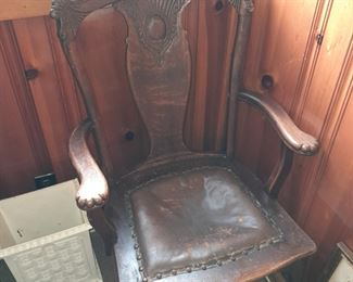 Antique Leather Seat Wooden Chair
