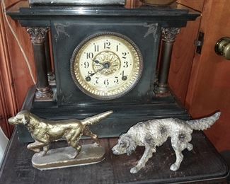 Antique Mantle Clock W/ Cast Iron Dogs
