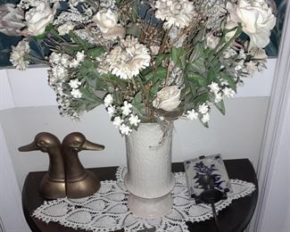 Floral Arrangement W/ Brass Duck Bookends
