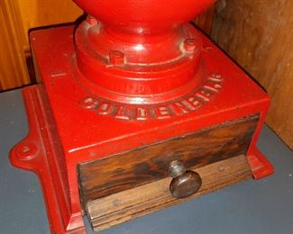 Antique Goldenberg Red Cast Iron Coffee Grinder W/ Drawer
