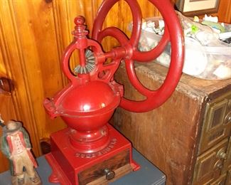 Antique Goldenberg Red Cast Iron Coffee Grinder W/ Drawer
