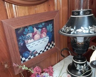 Framed Wall Art & Painted Tin Lamp
