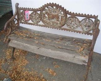 wrought iron and vintage wood outdoor bench