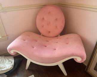 Pink upholstered chair 45"W x 41"H with a seat height of 17"  