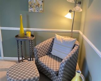 Club chair and ottoman, side table, floor lamp, and glass and ceramic decor, and canvas prints - 2