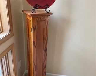 Oak art/plant stand and large glass dish with stand
