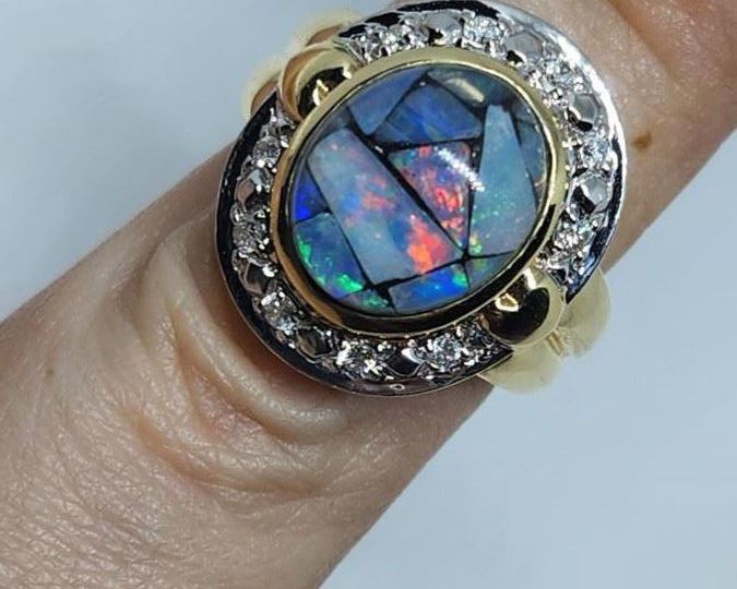 14k mosaic fire opal diamond ring