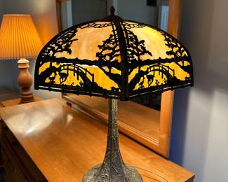 BUY IT NOW: $900 Rainaud Slag Glass Lamp Japanese Garden Scene 