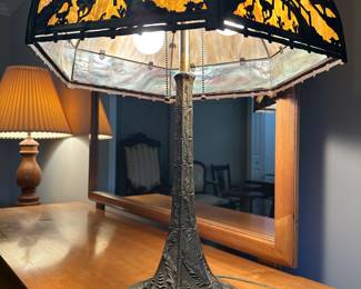 BUY IT NOW: $900 Rainaud Slag Glass Lamp Japanese Garden Scene 