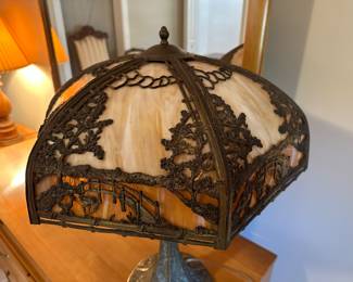 BUY IT NOW: $900 Rainaud Slag Glass Lamp Japanese Garden Scene 