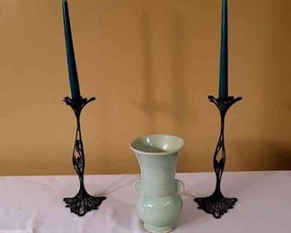 1930s USA GREEN HANDLED VASE AND PATINA METAL CANDLE STICKS