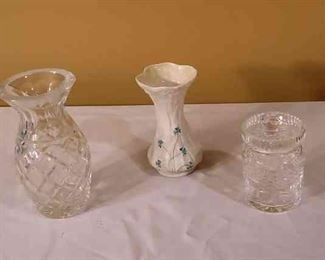 1960s Beeleek Vase, Crystal Vase And Crystal Candy Jar