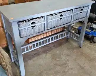 WOOD TABLE/ISLAND WITH WICKER DRAWERS