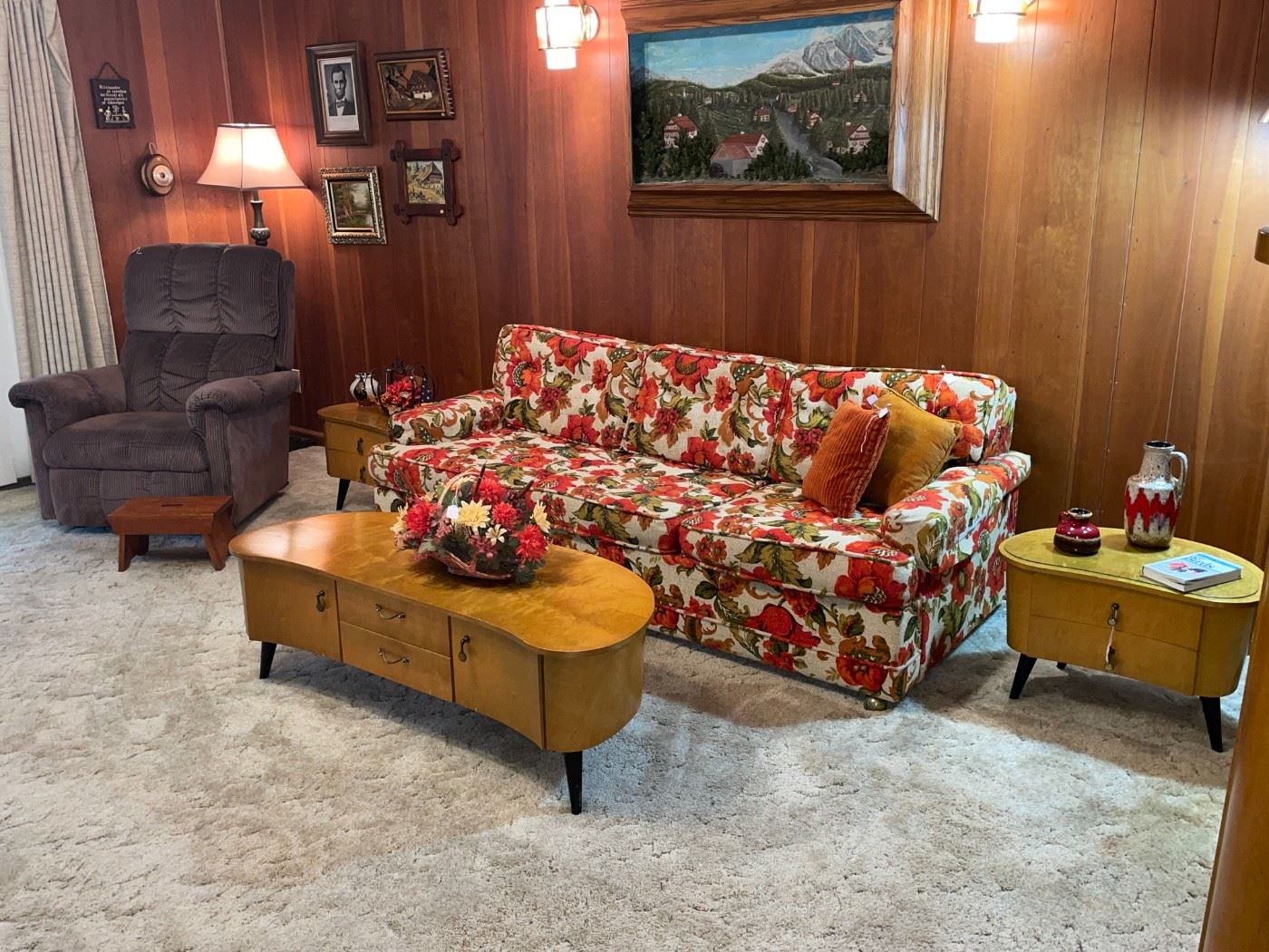 Unusual kidney shape end tables & coffee table. Believed to have been made in Germany in the 1950's.