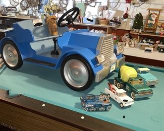 Hand made/carved child's wood jeep, motorized. Also antique trucks & German jeep
