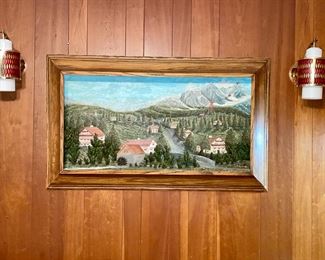 Wonderful Mid Century lighted sconces, glass.  Picture is hand carved dimentional