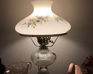 Vintage White Milk Glass hand painted shade on oil lantern with has been electrified.