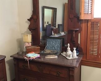 Antique Victorian Walnut East Lake Dresser with brown Italian Marble